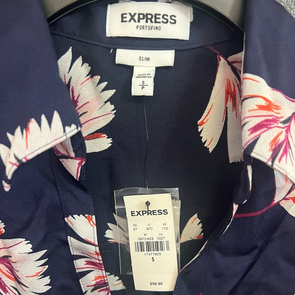 EXPRESS Portofino Navy Floral Satin Button-Up Shirt - Picture 3 of 4